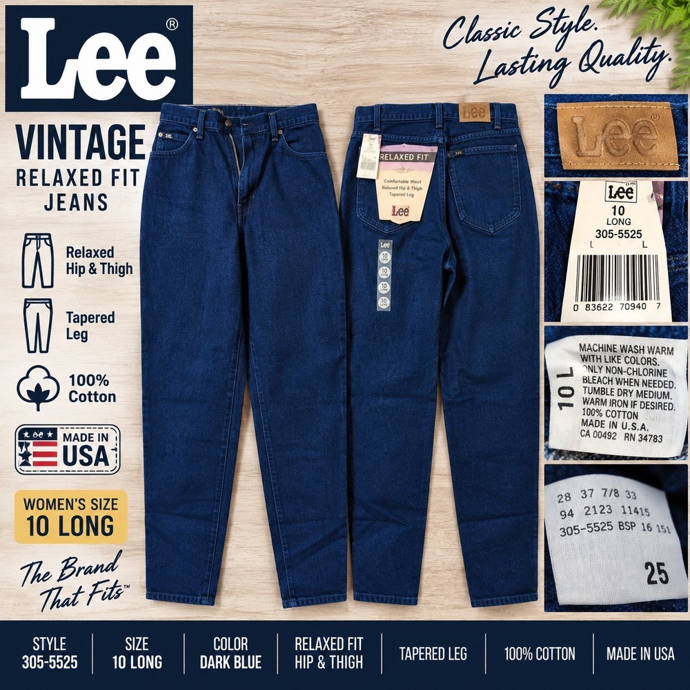 Vintage Lee Relaxed Fit Tapered Leg Jeans Dark Blue 305-5525 Made in USA 10 Long
